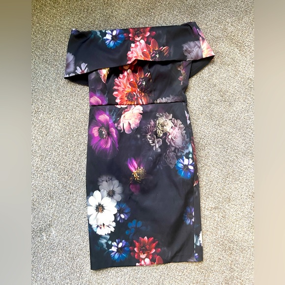 Off-Shoulder Mini Dress with Oversized Floral Details - Black main image 0